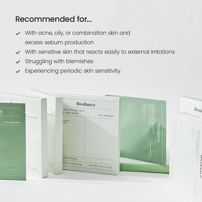 BIODANCE Refreshing Sea kelp Real Deep Mask, Overnight Hydrogel Mask, Calming, Oil & Sebum Control, Blemish Care, Korean Skincare | 1.19oz(34g) x 4ea