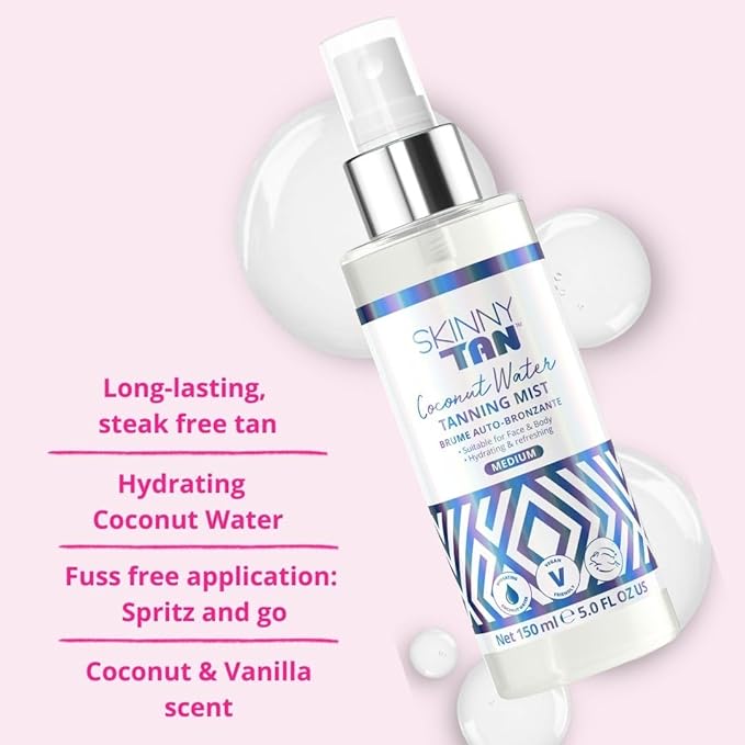 Skinny Tan Coconut Water Tanning Mist - Refreshing, Non-Sticky, and Fast Absorbing Formula - Formulated with Ultra-Hydrating Coconut Water - Delicious Tropical and Vanilla Scent - Medium - 5 oz