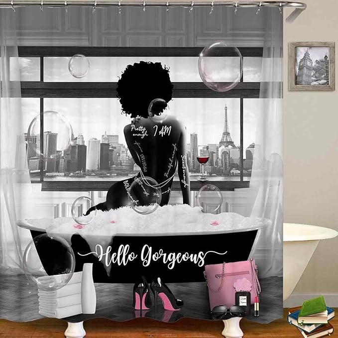 4PCS Sexy African American Women Shower Curtain Sets with Rugs, Waterproof Fabric Black White Shower Curtain, Hello Gorgeous Positive Quotes Black Girl Afro Black Woman Fashion Bathroom Decor