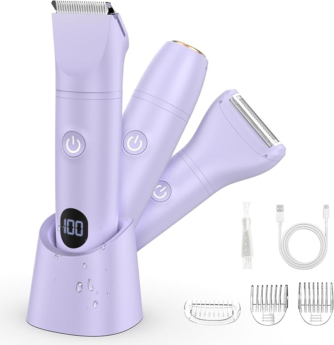 Lanumi 3 in 1 Bikini Trimmer for Women Rechargeable Electric Razors Wet/Dry Pubic Body Hair Trimmer Facial Hair Remover IPX6 Waterproof LCD Display