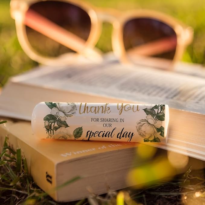 OLYCRAFT 100Pcs Self-Adhesive Lip Balm Tag Stickers 1.7x2.1 inch Waterproof Adhesive Stickers with White Rose Flower Lipstick Tag Sticker for Lip Balm Container Tubes Lipstick Wrapping Decoration