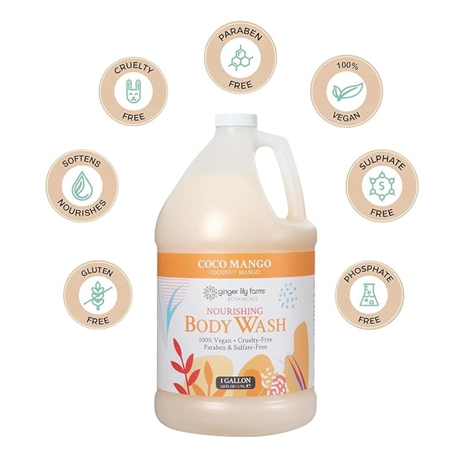 Ginger Lily Farms Botanicals Nourishing Body Wash, Coco Mango, 100% Vegan & Cruelty-Free, Coconut Mango Scent, 1 Gallon (128 fl oz) Refill