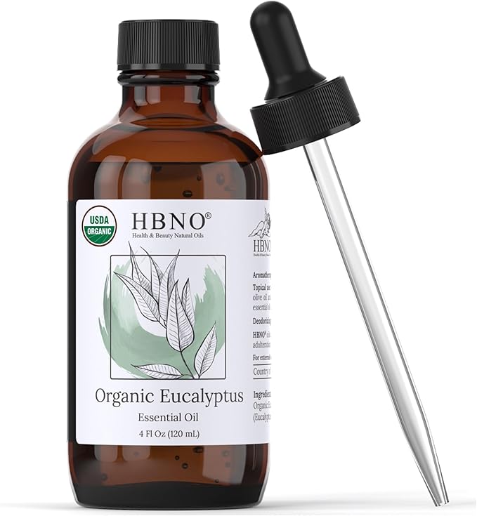 HBNO California Bottled Organic Eucalyptus Essential Oil (Globulus) - 4 fl oz (120ml) - USDA Certified Organic - Ideal for Diffuser, Hair, Face, Skin Care, Aromatherapy, Scalp & Body Massage