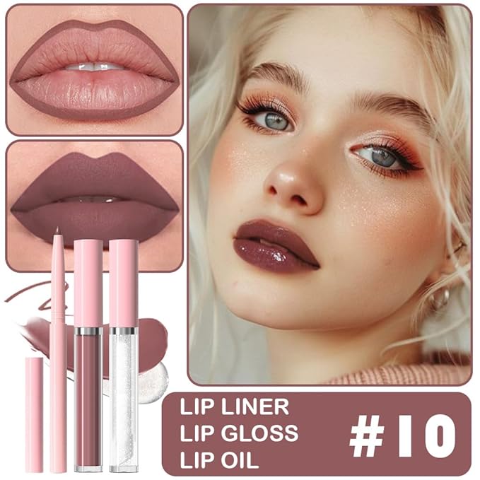 3-in-1Mocha Brown Matte Lip Stain Kit | Waterproof Lip Liner + Hydrating Matte Lip Gloss + Nourishing Lip Oil | Long Lasting Plumping to Create Perfect Lip Makeup.10#