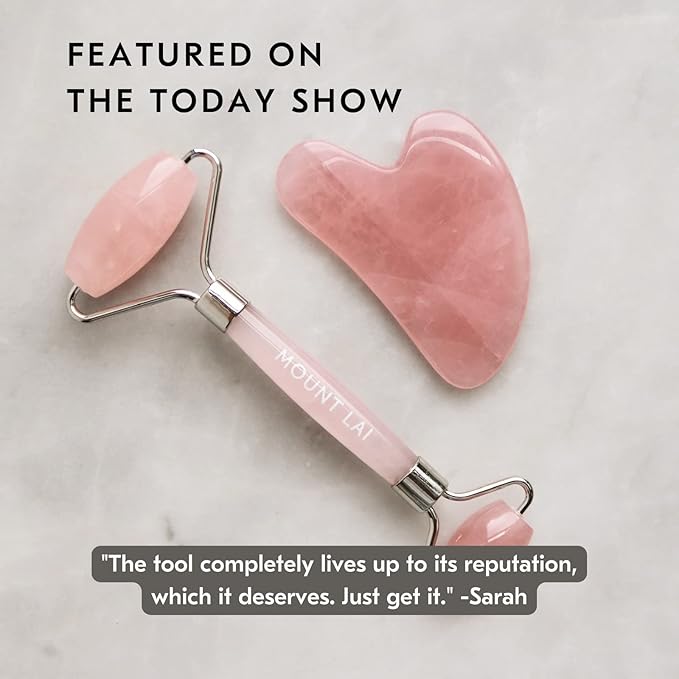 Mount Lai Rose Quartz Gua Sha Facial Tools, Pink Quartz Gua Sha Facial Tools Set and Roller, Guasha Tool for Face to Relieve Muscle Tension and Reduce Puffiness, Anti Aging Skin Care Sets for Women