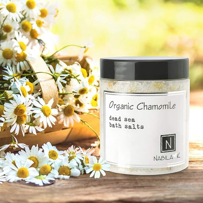 Organic Chamomile Bath Salts by Nabila K - Dead Sea Salt & Epsom Salt Scrub & Soak - Exfoliates & Hydrates Skin, Botanical Essential Oils - Bubble Bath Accessories for All Skins Types, 8 oz