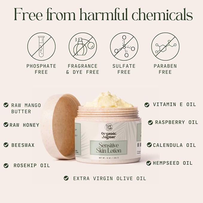 Natural Body Lotion for Sensitive Skin, Scent Free, Sulfate & Paraben Free Body Care, Moisturizer With Essential Oils, Vitamin E Oil, Beeswax, Extra Virgin Olive Oil, Raw Honey, 8 oz