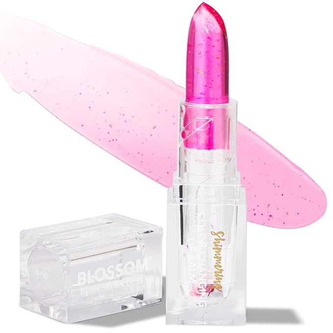 Blossom Moisturizing Color Changing Shimmering Lip Balm Sparkle Lip Stain Tint, Infused with Real Flowers, 3g, Electric Pink