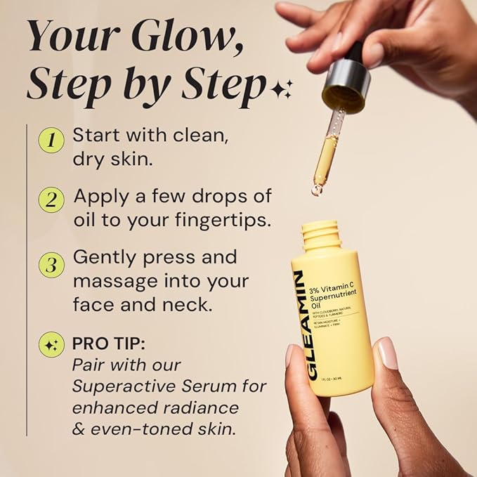 Gleamin Brightening Face Oil with Vitamin C & E, Turmeric, Jojoba & Cloudberry | Hydrating Facial Oil for Radiant Glow, Dark Spots, Fine Lines & Uneven Tone | Skin Brightening for Women & Men, 1 Fl Oz