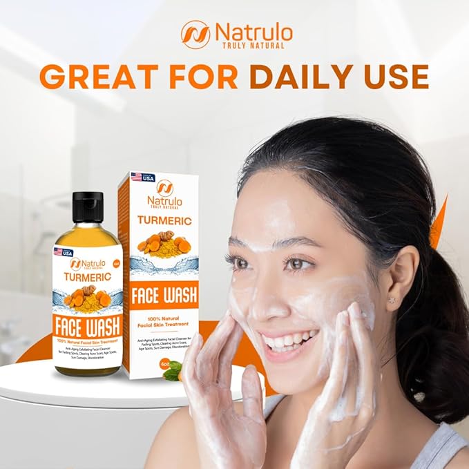 Natrulo Turmeric Face Wash, 4oz Clear Skin Liquid Soap – 100% Natural Anti Aging Exfoliating Turmeric Facial Cleanser for Fading Spots, Clearing Acne Scars, Age Spots, Sun Damage, Discoloration
