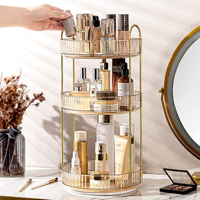 360 Rotating Makeup Organizer - High-Capacity Skincare & Cosmetics Organizer for Vanity, Bathroom or Dresser (3 Tiers, Amber)