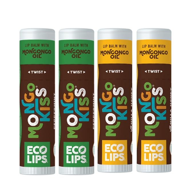 Eco Lips Mongo Kiss Organic Lip Balm 4 Pack - 100 Percent USDA Organic - Soothe, Moisturize Dry, Cracked and Chapped Lips - Made in USA (Peppermint & Vanilla Honey)
