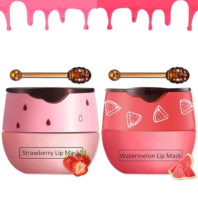 2 PCS Bee Lip Balm Honey Pot,Watermelon&Strawberry Lip Sleeping Mask Hydrating Prevention Dry and Cracked Lip Scrubs Exfoliator Lip Care,Lip Mask Overnight Reduces Lip Lines