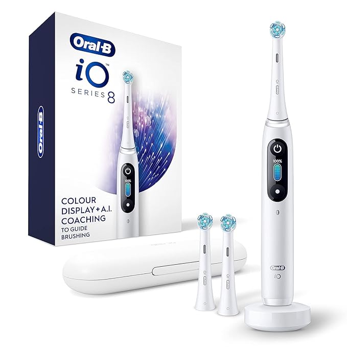 Oral-B iO Series 8 Electric Toothbrush with 2 Replacement Brush Heads and Travel Case, Rechargeable Toothbrush, Whitealabaster