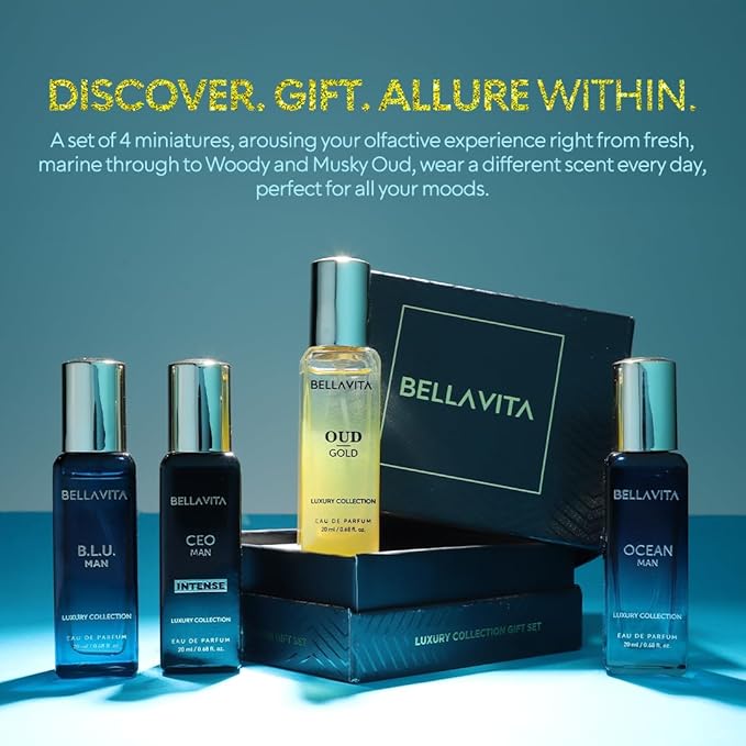 BellaVita Luxury Collection Eau De Parfum Gift Set (4x20ml) | Premium Unisex Perfume Set | Notes of Aqua, Musk, Amber and Bergamot | Includes OUD GOLD, OCEAN, B.L.U. & CEO Intense | Perfume Gift