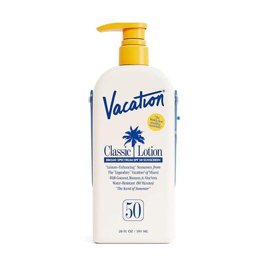 Vacation Classic Lotion SPF 50 Sun Jug, Broad Spectrum Bulk Sunscreen SPF 50, Water Resistant Sunblock, Suntan Lotion with Pump, Vegan, Family-Size, 20 Fl. Oz.