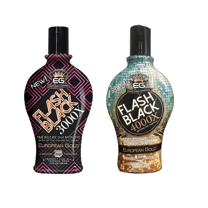 Bundle Set of 2: European Gold Flash Black 3000X Indoor Tanning Lotion with Time-Release DHA Bronzers, 12 oz and European Gold Flash Black 4000X Indoor Tanning Lotion with Time-Release DHA Bronzers