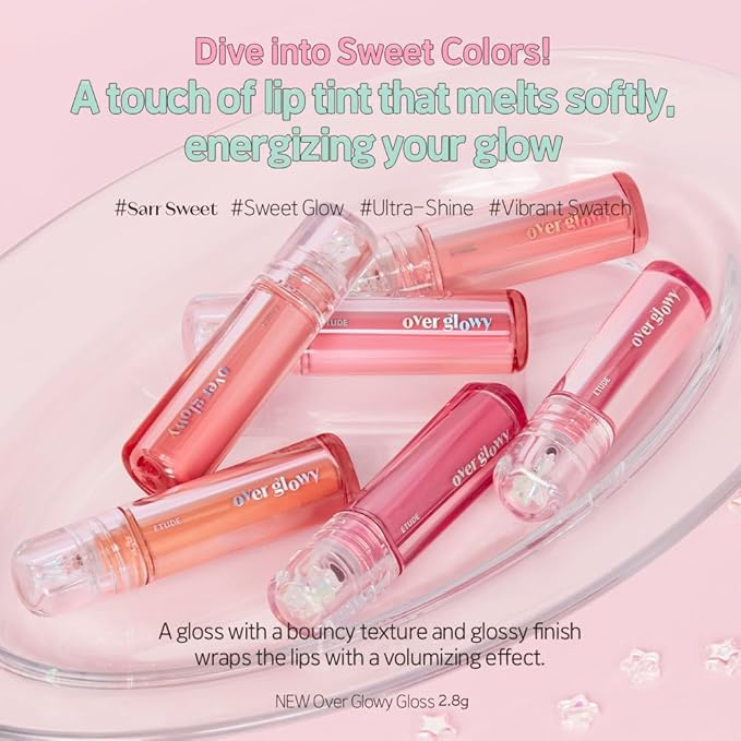 ETUDE Over Glowy Lip Gloss #2 Cotton Candy | Non-Sticky Vegan Lip Tint | Moisturized & Long-lasting Lip Gloss | Daily Tint for Dry Lips, Korean Makeup, K-beauty, Perfect for Gift