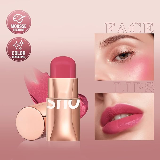 Cream Blush Stick for Cheeks Makeup, Waterproof Face Blush Stick Multi-Use Lip and Cheek Tint, Matte Finish Easy to Blend Lightweight Natural Cream Blusher Makeup for All Skin Tones-Cherry Pink