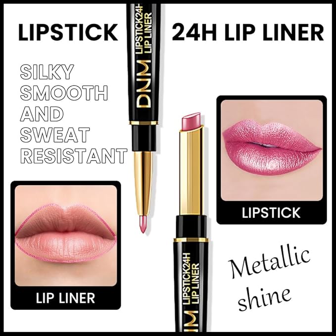 2-in-1 Rose Lip Liner & Lipstick Set Kit for Women, Metallic Lips Kit with Lip Liner Lip Stains Long Lasting Waterproof 24 Hour Lipstick and Lip Liners Combo Lipliners Pencil Set 21
