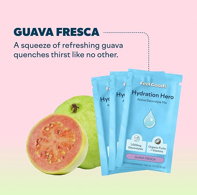 Feel Goods Hydration Hero, 1,000mg Electrolytes Powder, Sugar Free, Magnesium, Organic Coconut Water, L Theanine, Vitamin C & B12, Non GMO, Keto, Vegan, Electrolyte Packets | Guava Fresca, 15 Count