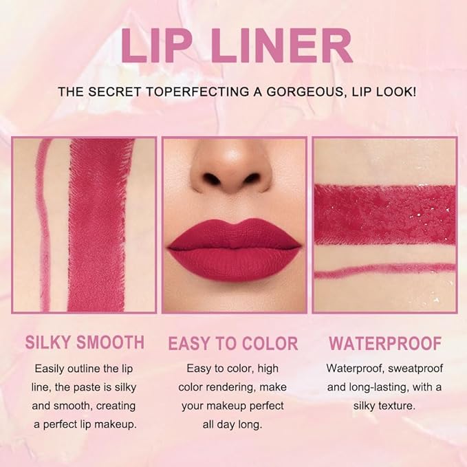 2-in-1 Plum Red Matte Lip Liner and Lipstick Combo, Red Lipsticks for Women 24 hour Long Lasting Waterproof Smudge Proof, Easy to apply, Everyday Lips Makeup 02