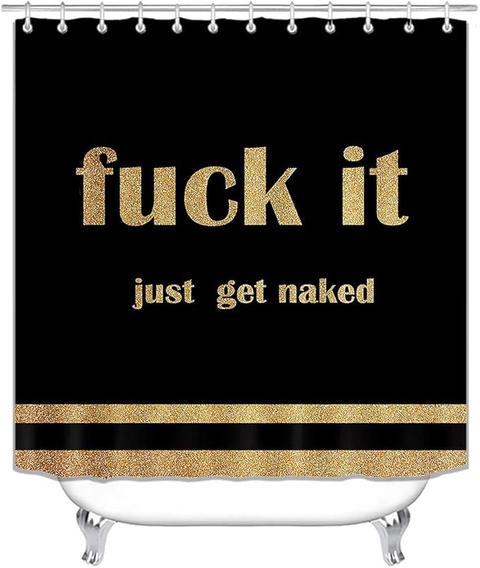 4PCS Gold Glitter Get Naked Shower Curtain Set, Funny Quote Stripe Luxury Glam Modern Dorm Bathroom Decor, Waterproof Fabric Black Shower Curtain, Non-Slip Bath Mat Toilet Rug, Just Get Naked