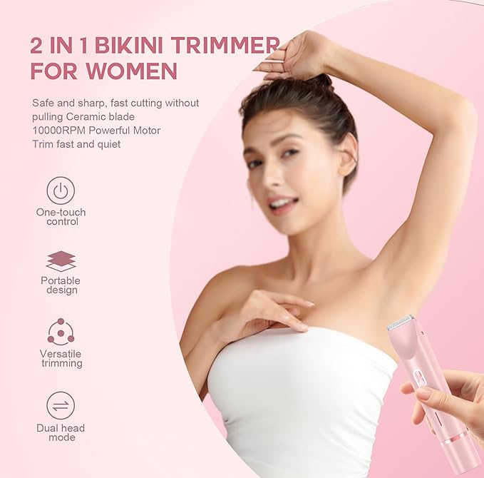 Dermave Bikini Shaver, Bikini Trimmer for Women, Glow Aura Electric Razor 2-in-1 Women's Body Shaver Dual Head Women's Trimmer for Leg Arm Body Grooming Tool (Pink)