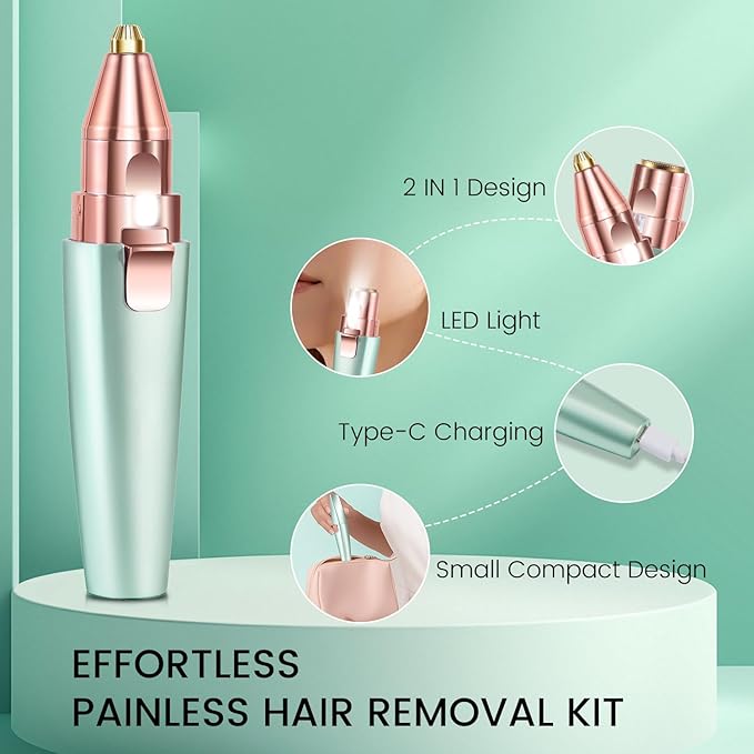 Hatteker Eyebrow Facial Trimmer, 2 in1 Rechargeable Hair Removal and Eyebrow Shaver - Face Lips Body Painless Razor with Built-in LED Light (Green)