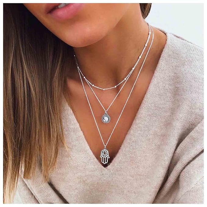 Boho Layered Opal Moonstone Necklace Silver Hamsa Pendant Necklace Futian Hand Necklace Chain Opalite Gem Necklace Jewelry for Women and Girls