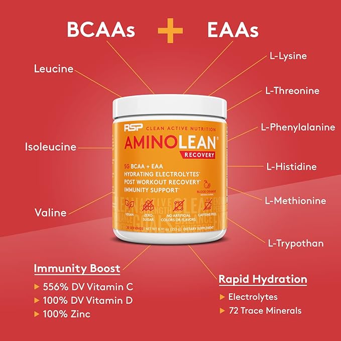 AminoLean Hydrating Electrolyte Powder and Recovery Drink with Sea Minerals, Nootropic Mushrooms, and Vegan Amino Acids, BCAAs + EAAs for Post Workout Muscle Building, Blood Orange