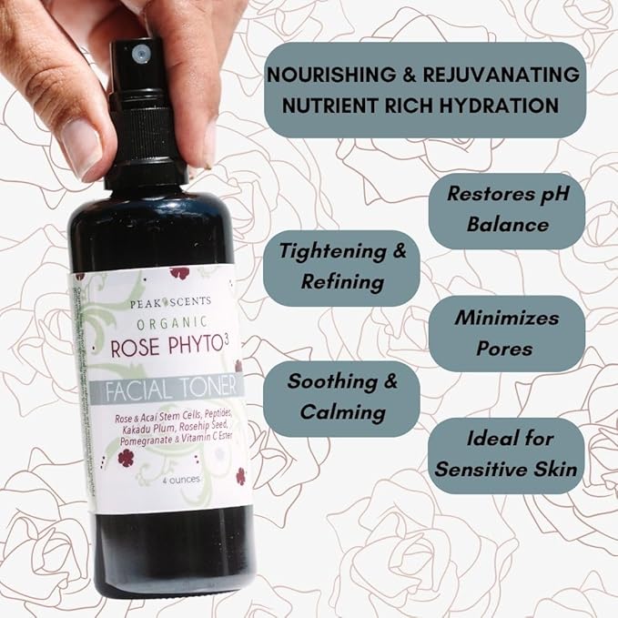 Organic Phyto³ Rose Water Facial Toner Spray - Pure Rosewater for Face, with Acaí and Herbal Extracts - Eco-Friendly and Vegan - Hydrating Rose Water Organic Face Spray (4 oz)