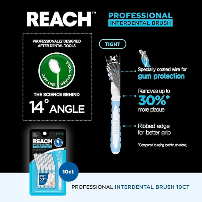 Reach Interdental Brush Cleaners, 1mm, Tight, Sensitive Gum Protection, Plaque Remover for Teeth, Braces Flossers, Braces Brush, Dental Toothbrushes, Oral Care, 1 Pack, 10 Count
