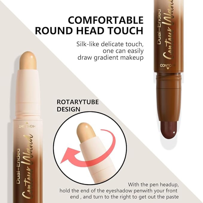 2Pcs 2in1 Cream Contour Highlighter Stick, Dual-Ended Highlighter Makeup Contour Stick, Contour Stick Dual Ended For Face Body Makeup,Long Lasting Waterproof for All Skin Tones (02+04)