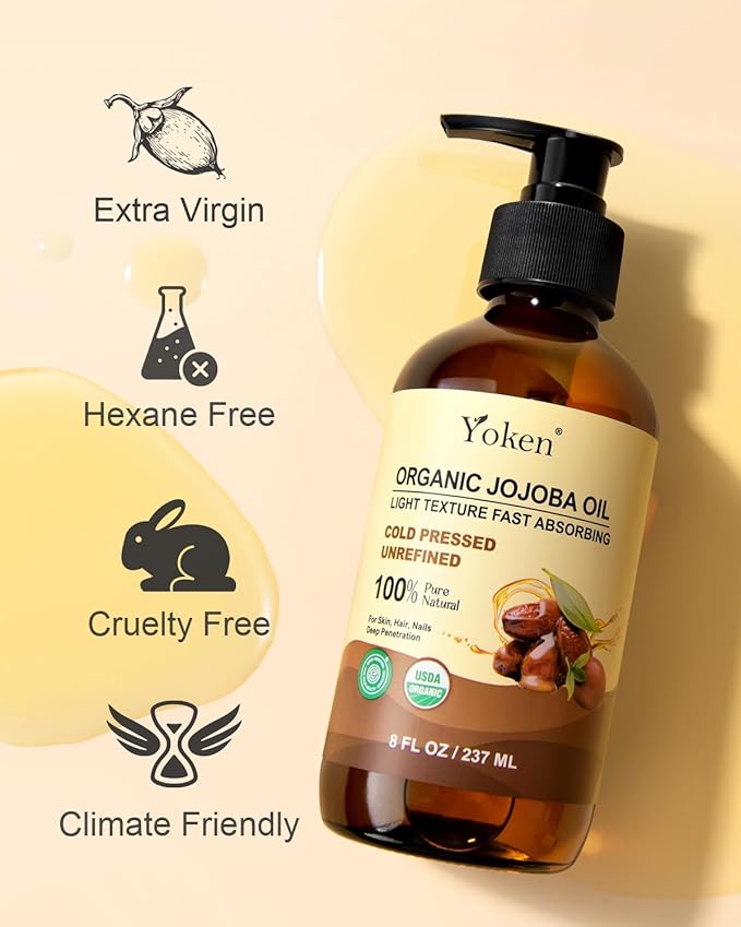 Yoken Organic Jojoba Oil Glass Bottle 8 fl oz, USDA Certified 100% Pure & Natural Jojoba Oil for Hair, Skin & Face, Cold Pressed Unrefined Hexane Free, Deeply Moisturizing Body Serum Oils for Gua Sha