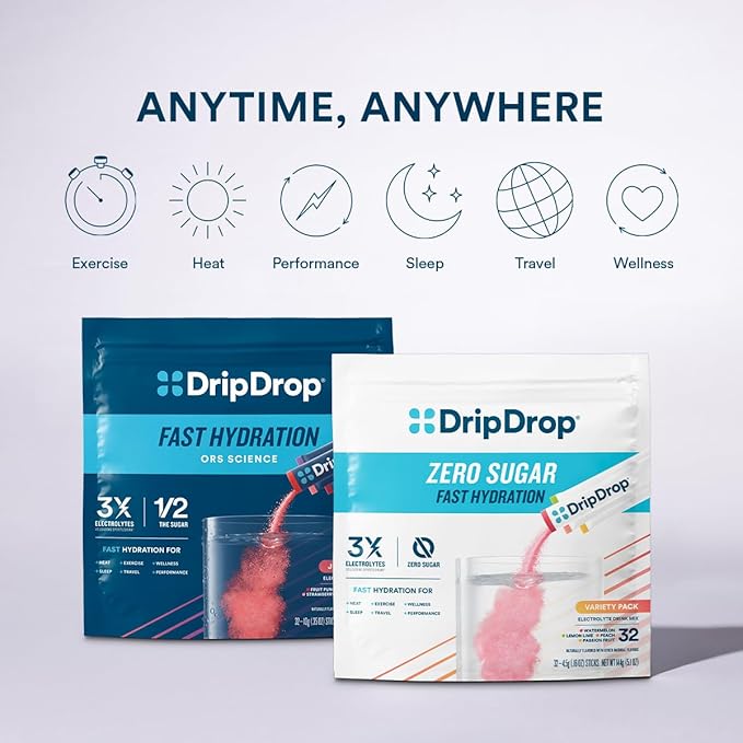 DripDrop Sugar Free Hydration Packets - Zero Peach - Single Serve Electrolytes Powder Drink Mix - Non-GMO, Gluten Free, Vegan - 32 Sticks