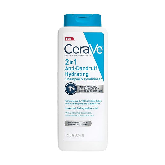 CeraVe 2 In 1 Hydrating Anti Dandruff Shampoo And Conditioner, 1% Pyrithione Zinc Dandruff Treatment, Color Safe & Sulfate Free Shampoo And Conditioner, Helps Eliminate Dandruff & Relieve Itchy Scalp