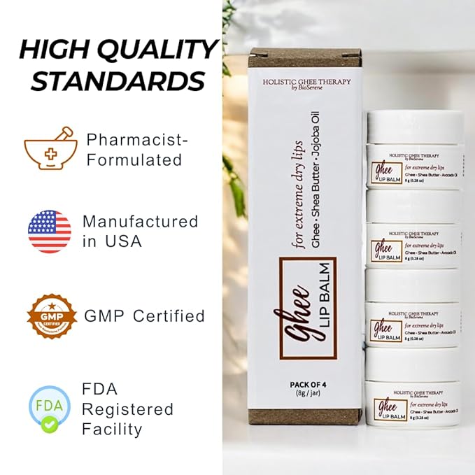 Natural Lip Balm For Very Dry Lips | Pack of 4 | Moisturizing Ghee, Shea Butter, Beeswax, Coconut Oil, & Jojoba Oil | Hydrating Lip Care For Chapped Lips, After Sun Care | Bioserene