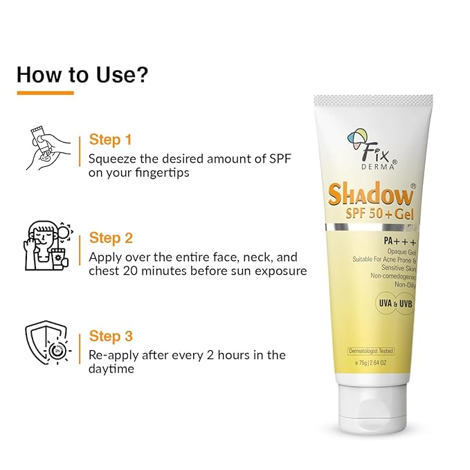 Fixderma Shadow SPF 50+ Gel, Titanium Dioxide & Zinc Oxide Sunscreen | Sunscreen for Face | SPF 50 Sunscreen & Broad Spectrum Sunscreen UVA and UVB Protection | Water Resistant Sunscreen - 2.64 Oz