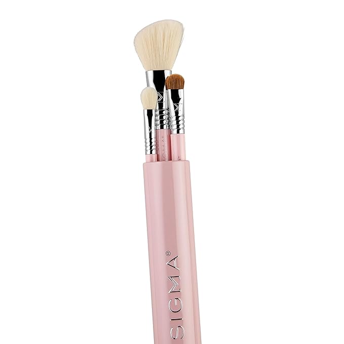 Sigma Beauty Travel Essential Trio - Makeup Brush Set for Foundation Powder Eyeshadow - 3 Tool Brushes with Brush Tin Holder - - Skin Safe, Vegan Makeup Brushes for Travel - Light Pink