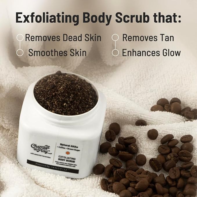 Exfoliating Body Scrub For Removing Tan & Dead Skin Cells | Rough & Bumpy Skin, Tanned & Pigmented Skin | For Smooth, Soft & Bright Skin | Natural AHAs | Coffee 2.6 fl oz.