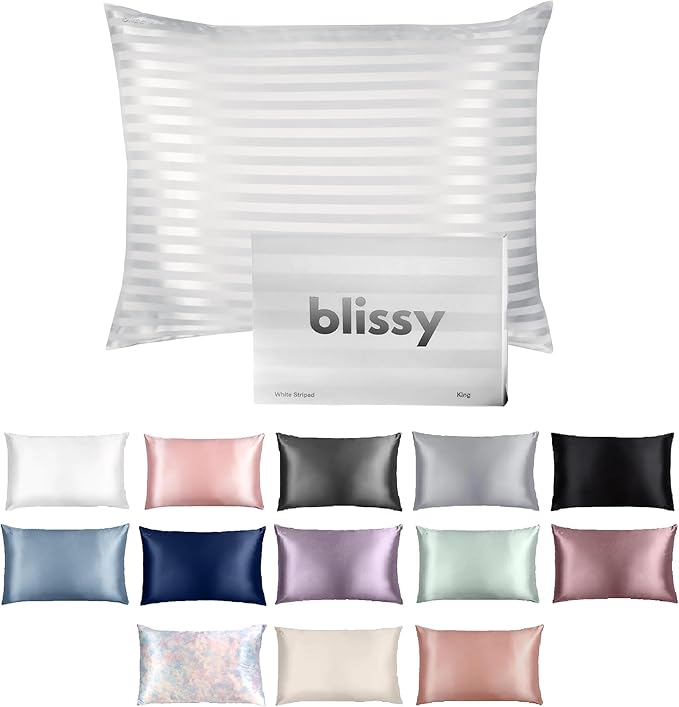 Blissy Silk Pillowcase - 100% Pure Mulberry Silk - 22 Momme 6A High-Grade Fibers - Silk Pillow Cover for Hair & Skin - Regular, Queen & King (White Striped, Standard)