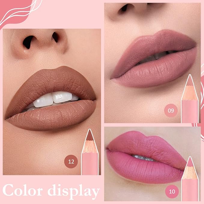 12 Pcs Natural Nude Brown Beige Colors Lip Liner Lipstick Pencils Set for Daily Makeup,Easy to Apply & Remove,Waterproof