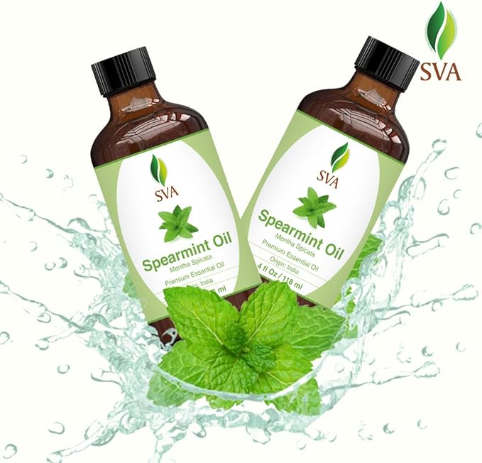 SVA Spearmint Essential Oil – 4 Fl Oz – 100% Natural Spearmint Oil - for Diffuser, Hair Care, Face, Skin Care, Aromatherapy, Scalp and Body Massage, Soap and Candle Making – with Dropper