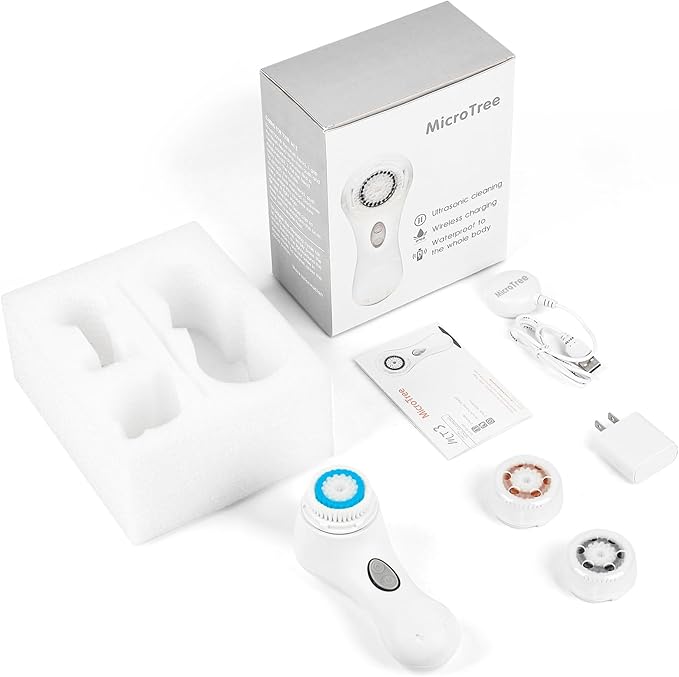 Microtree Facial Cleansing Brush, Electric Face Scrubber Exfoliator for Women Skin Care Deep Cleaning Exfoliating, Rechargeable Waterproof with 2 Sonic Vibration Speeds for Home & Travel(White)