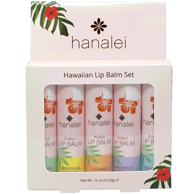 Hanalei Lip Balm and Moisturizer - Natural Kukui Oil, Beeswax Lip Moisturizer - Replenish and Repair Dry, Chapped Lips - Variety Pack (5 Tubes)