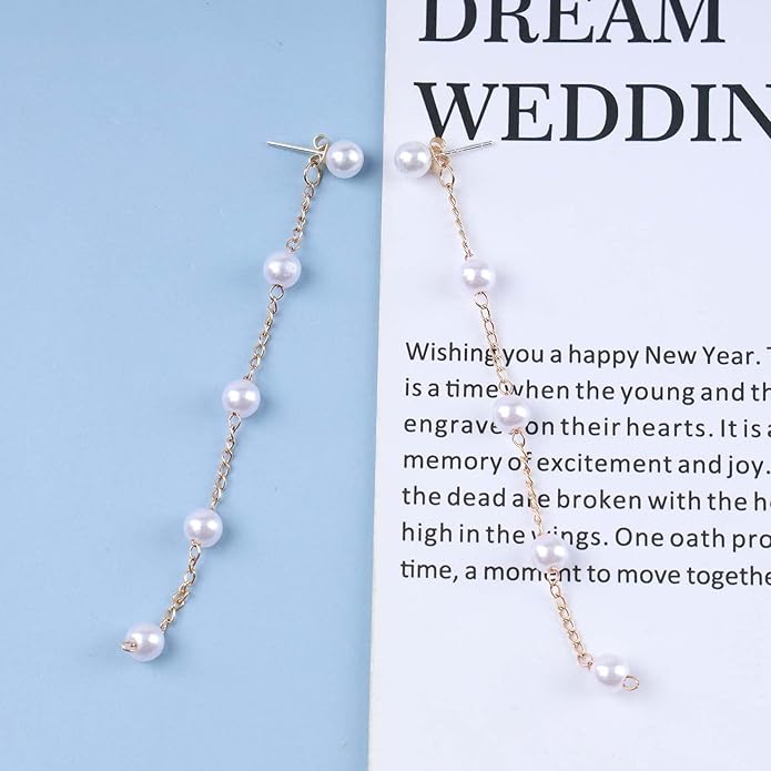 Boho Long Pearl Drop Earrings Vintage Gold Tassel Pearl Dangle Earrings Statement Pearl Chain Drop Dangle Earrings Wedding Prom Bridal Pearl Hook Earrings Jewelry for Women