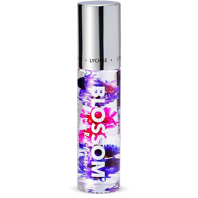 Blossom Roll on Lip Gloss, Scented Clear High Shine Moisturizing Lip Oil, Non Sticky, Infused with Real Flowers, Made in USA, 0.2oz, Lychee
