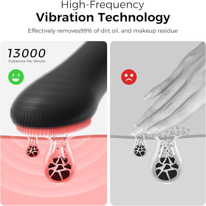 Facial Cleansing Brush: Rechargeable LED Electric Face Cleansing Brush with 4 Gentle Light Liquid Silicone Modes Face Scrubber Exfoliator,IPX7 Waterproof Ideal Gift for Men and Women-Black