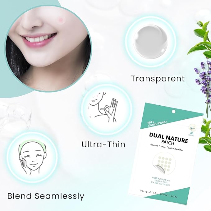 Dual Nature Advanced Formula Hydrocolloid Blemish Patches 12mm - Infused with Tea Tree Leaf, Lavender Extract & Salicylic Acid - Fights Blemishes, Soothe and Calms - Skin All Skin Types (30 Count)